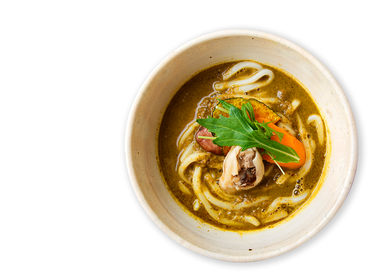 ゴロゴロ野菜と骨付き鶏肉・グリーンカレーうどん